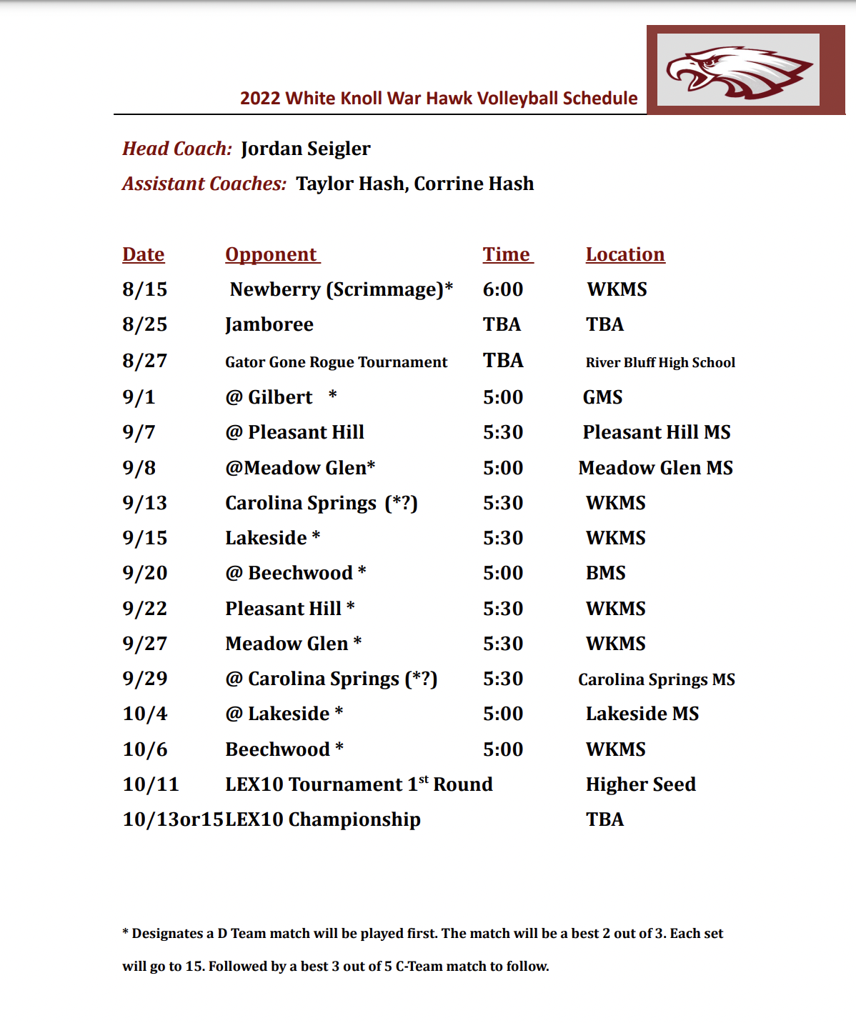 2022 Volleyball Schedule